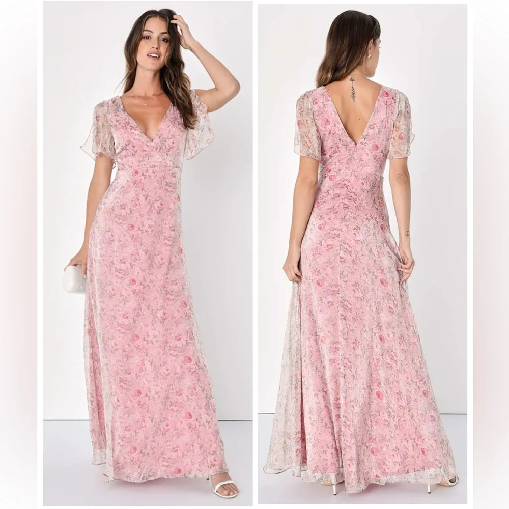 Lulus Dreamiest Desires Pink Floral Flutter Sleeve Maxi Dress Size XL Whimsical
